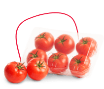 A group of bright red tomatoes, with green stems, sits in a transparent plastic container. Two tomatoes are placed in front of the container on a white surface. GREENHOUSE Goodness